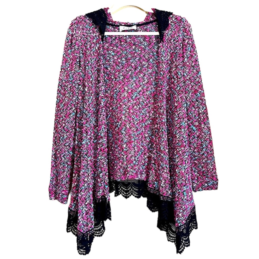 VaVa by Joy Han cardigan sweater with Hood and lace trim. Size Large